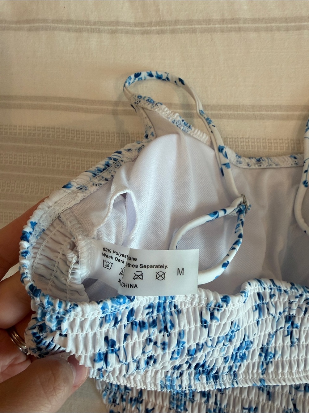 Smocked Two-Piece Bikini Set in White and Blue - Picture 3 of 3